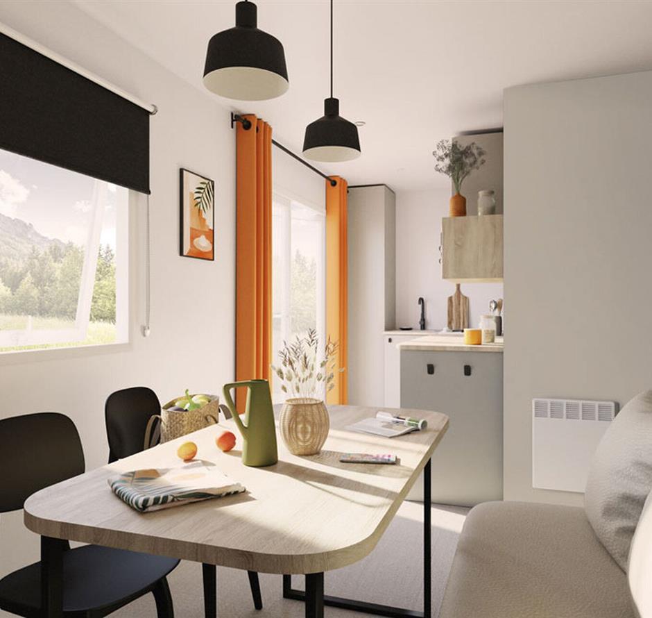 Modernes Wohnzimmer im Landhausstil für 2 Personen mit Fernseher und bequemer Sitzbank - Camping pomme de pin
